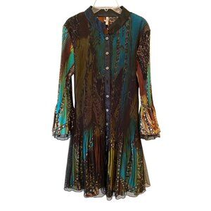 Pleated Button-Up Tunic Dress Abstract Multicolor Flared Sleeves Small/Medium